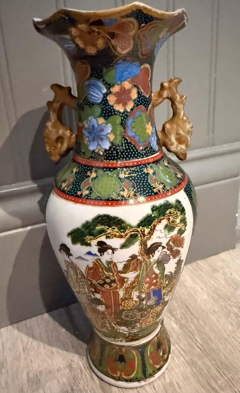 Vintage Hand-Painted Japanese Satsuma Style Porcelain Vase with Geisha Scenes an